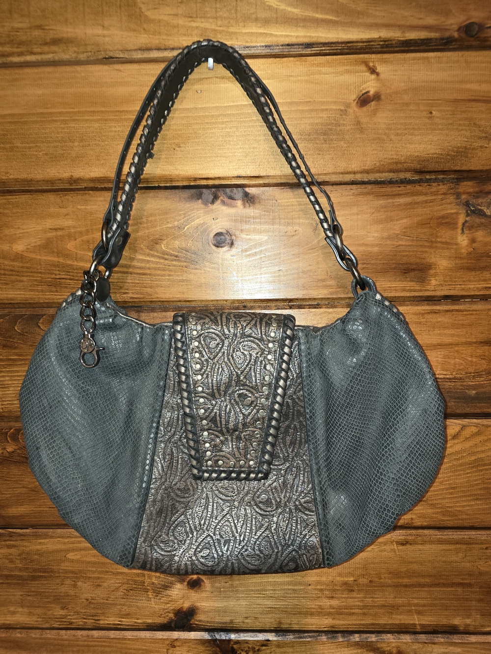 Donald J. Pilner Stylish Gray Embossed Hobo Bag - Women's Shoulder Purse